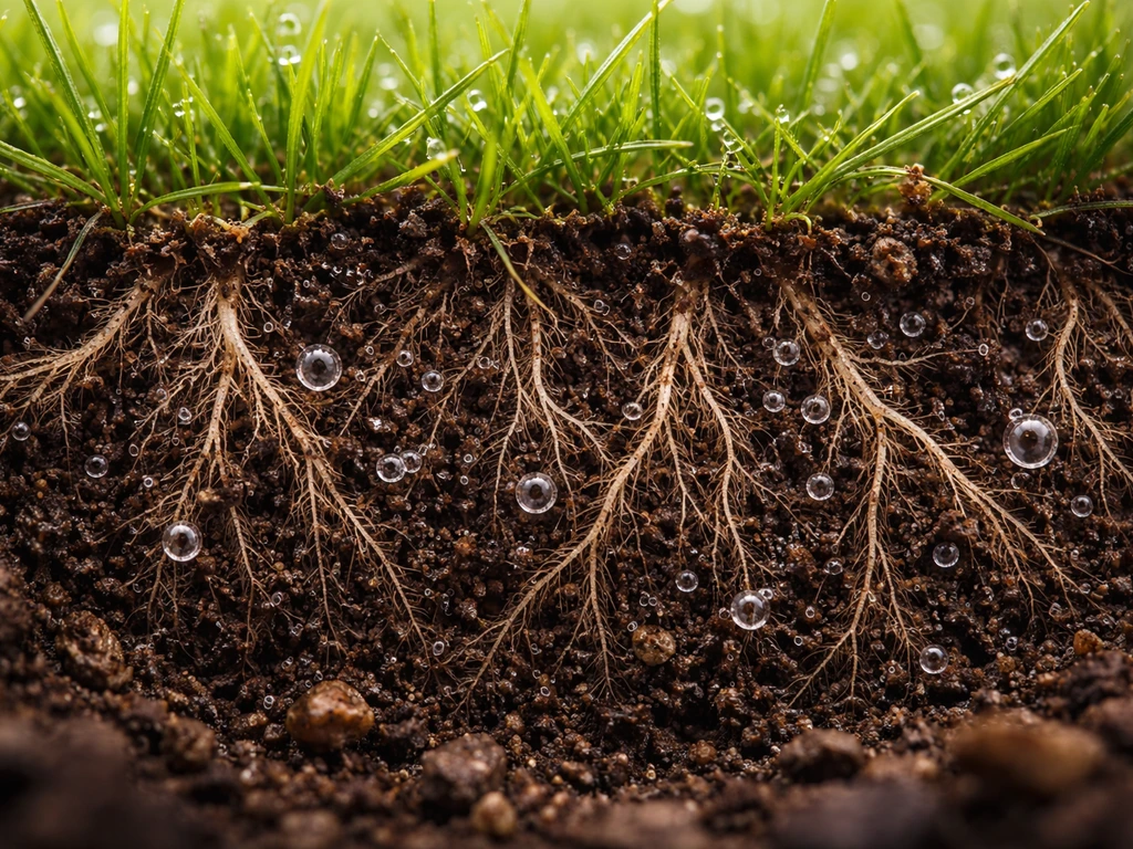 Close-up van graszode met zichtbare wortelzone in doorsnede, lucht en zuurstofbellen rond wortels, gezonde groei