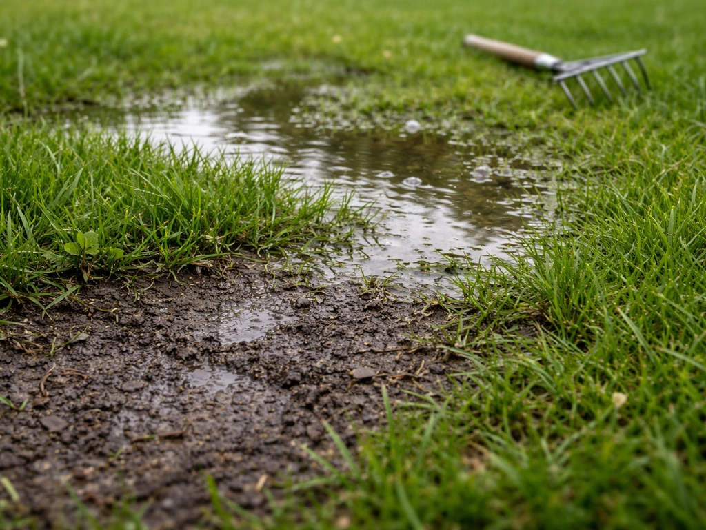 Nat gazon met stilstaand water en zichtbaar verdichte, harde plekken in de bodem na regen.