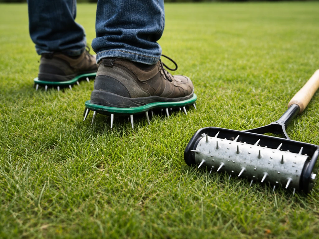 Steekschoenen met pennen in het gras naast een kleine handprikroller op een gazon