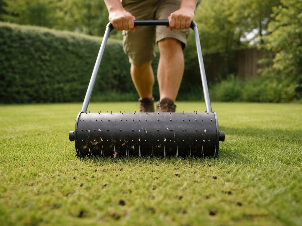 Handprikmachine/gazonprikroller rolt over een middelgroot gazon; pennen maken zichtbare gaatjes.