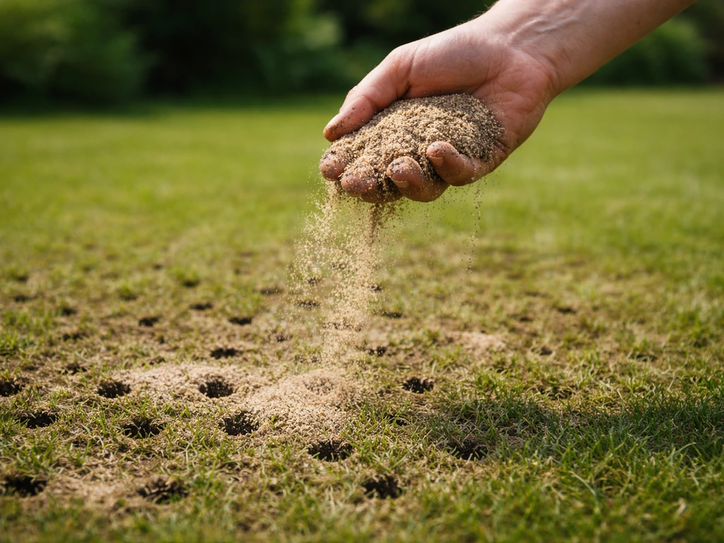 Hand die fijn zand/compostzand uitstrooit over een gazon met zichtbare beluchte gaatjes, vlak na beluchten.