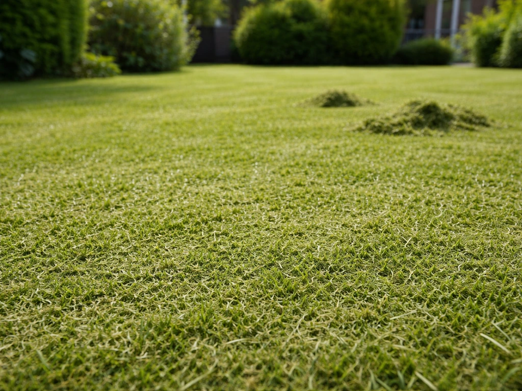 Close-up van mulching: fijn versnipperd maaisel ligt op het gazon, met subtiel verschil met grovere kluiten.