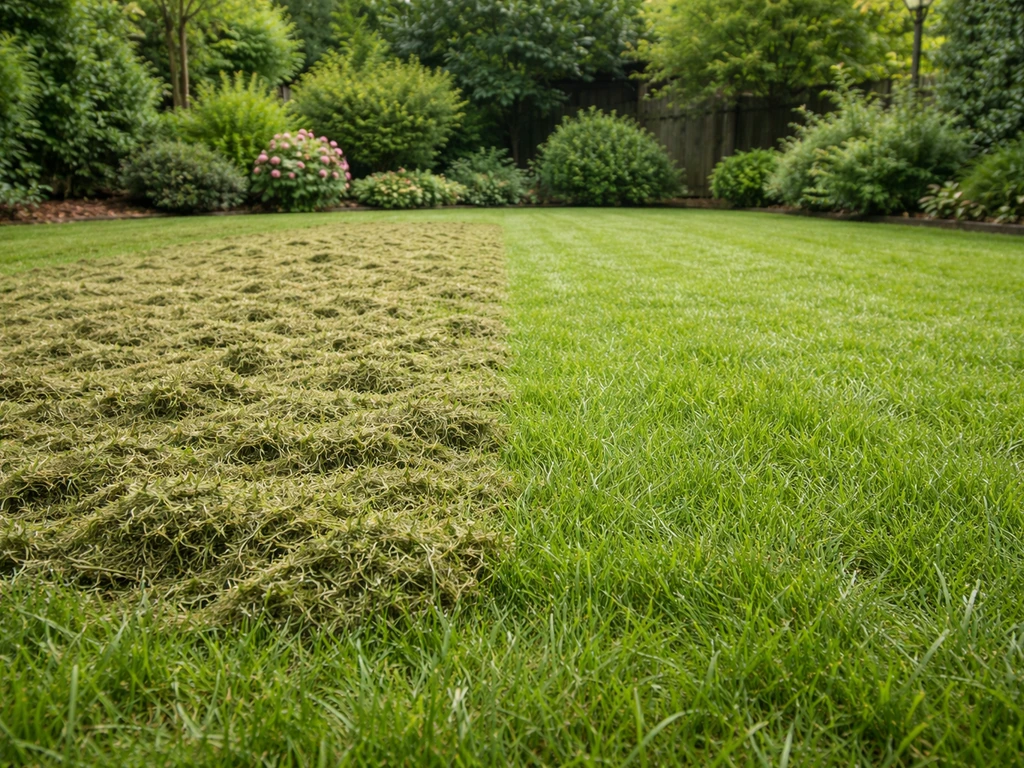 Links nat gemaaid gras met klonten, rechts luchtige mulching op een gazon in één rustige scène.