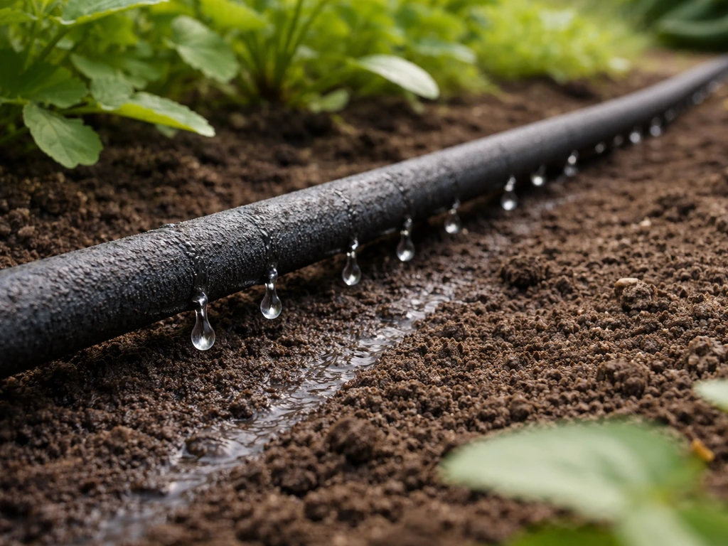 Druppelslang in een tuin die gelijkmatig water geeft; zichtbare natte baan bij de grond.