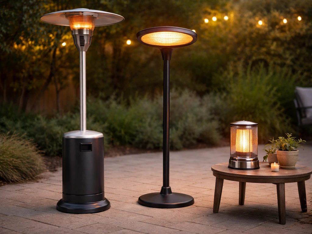 Minimal photo of three patio heaters in a backyard: propane standing, electric floor lamp, and tabletop heater.