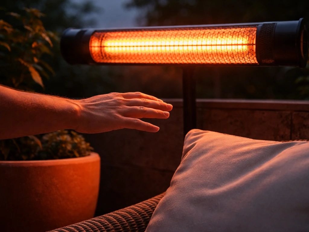 Infrared outdoor heater glow warming nearby patio items while a light breeze moves the heat.