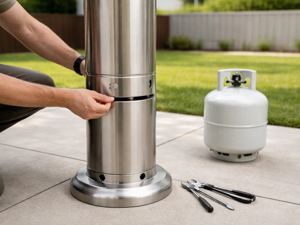 Technician hands assembling an outdoor LP propane tower heater near a staged propane tank