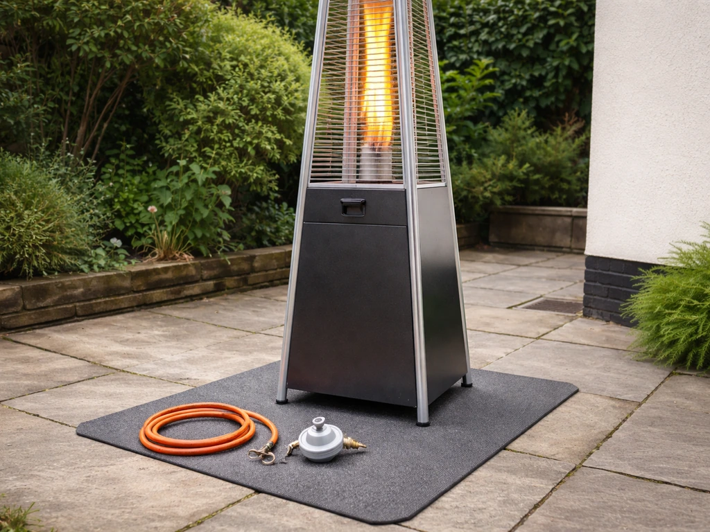 Pyramid propane patio heater with nearby unbranded regulator and hose on a quiet patio, natural light.
