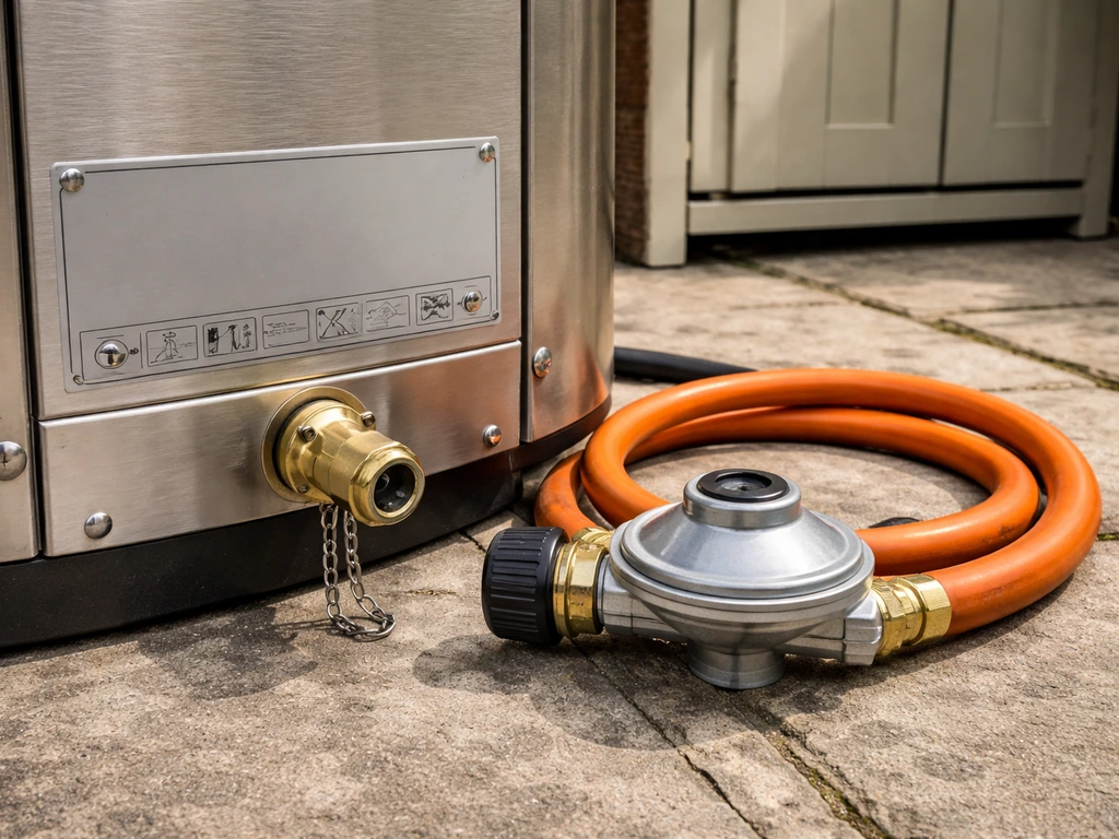 Close-up of a gas patio heater’s data plate with LPG regulator and hose fittings on a patio.