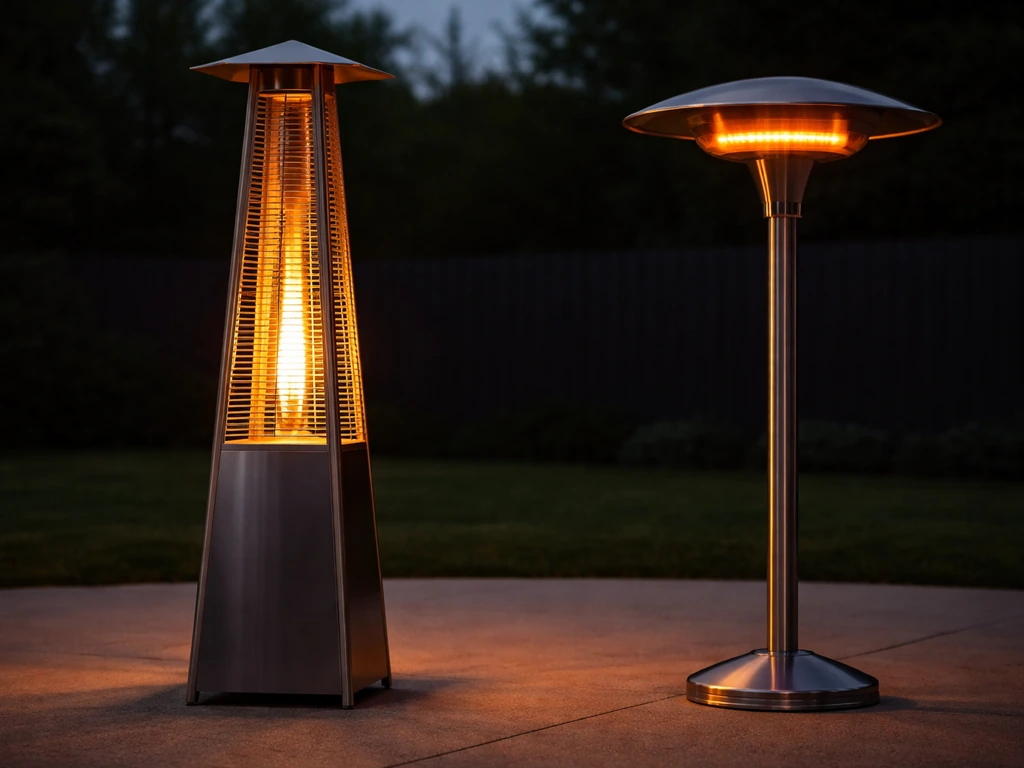 Side-by-side patio heater comparison: open-flame pyramid flame vs glowing infrared/radiant heater emitters.
