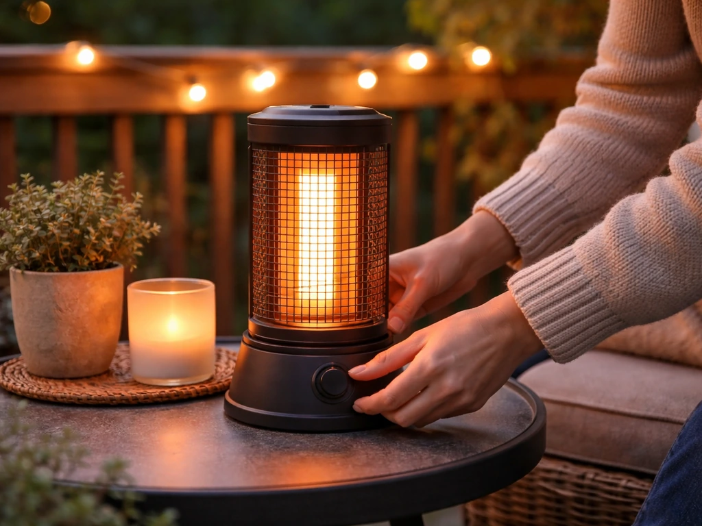 Tabletop electric patio heater glowing on a small side table as hands adjust it on a cozy patio.