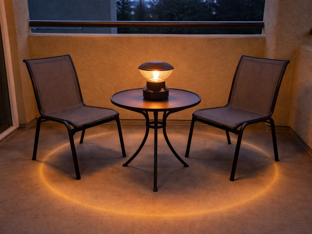 Compact electric tabletop heater on a patio with a faint circular warmth zone and two chairs nearby.