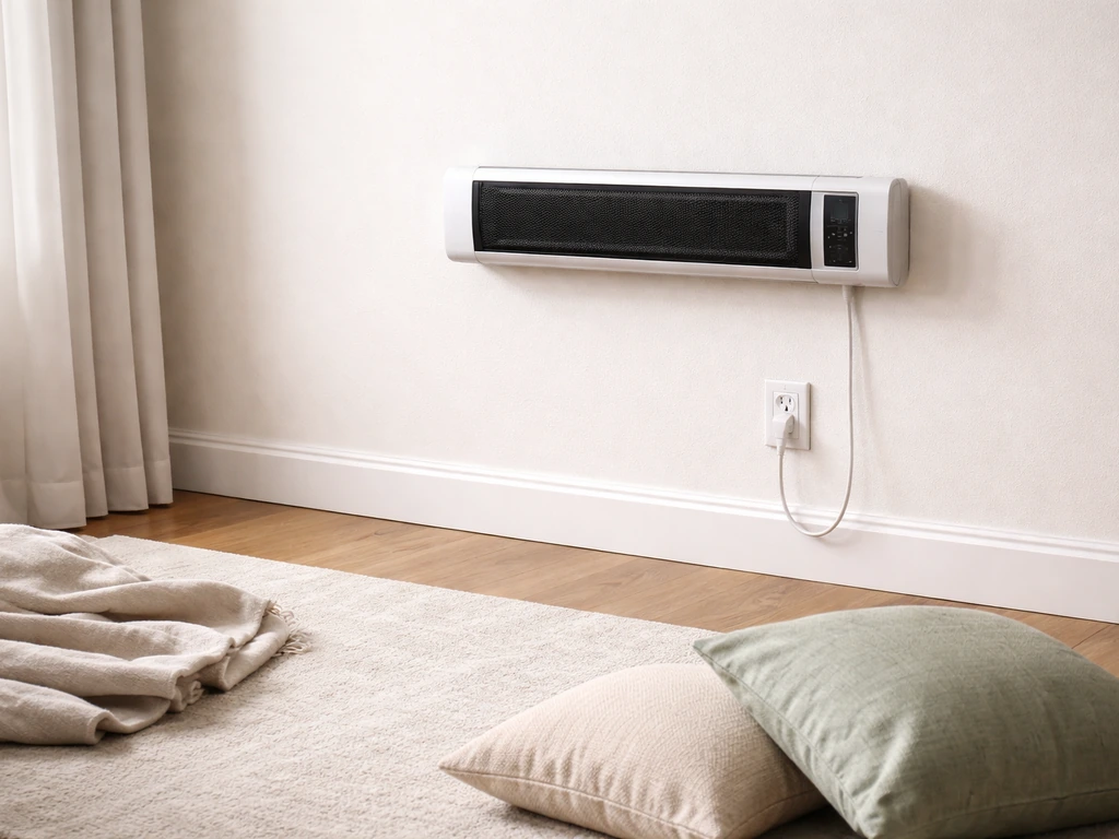 Electric heater with power cord plugged into a GFCI outlet, with pillows kept well away for clearance