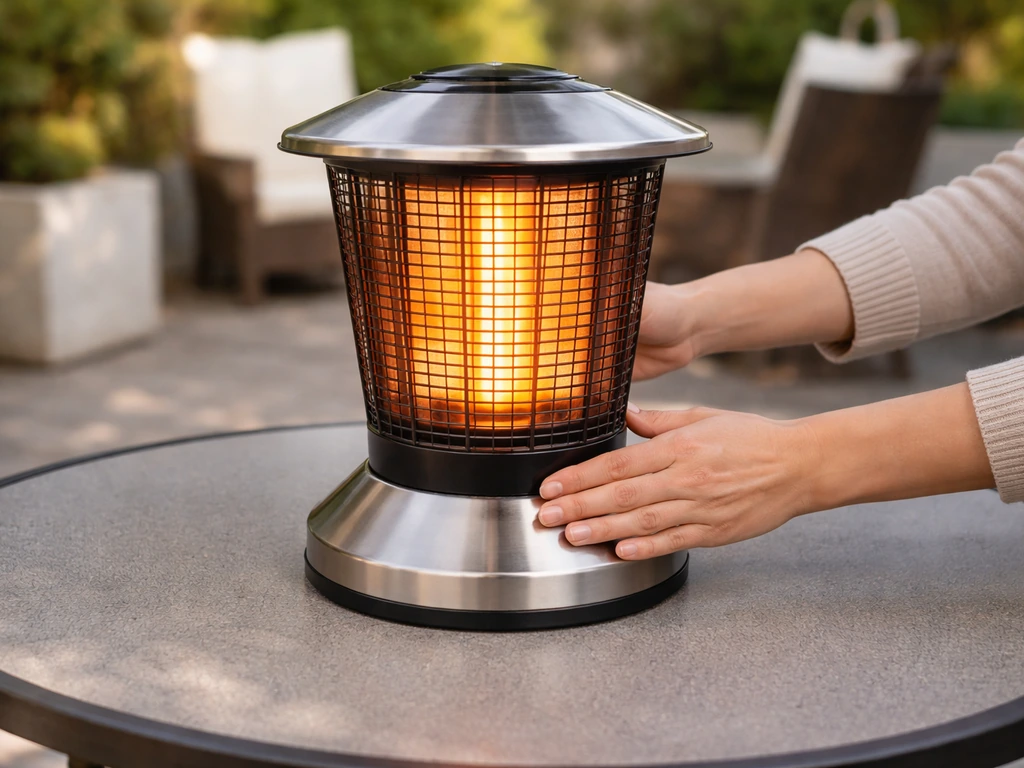 Hands place and align a tabletop electric heater on a patio table near an outdoor outlet.