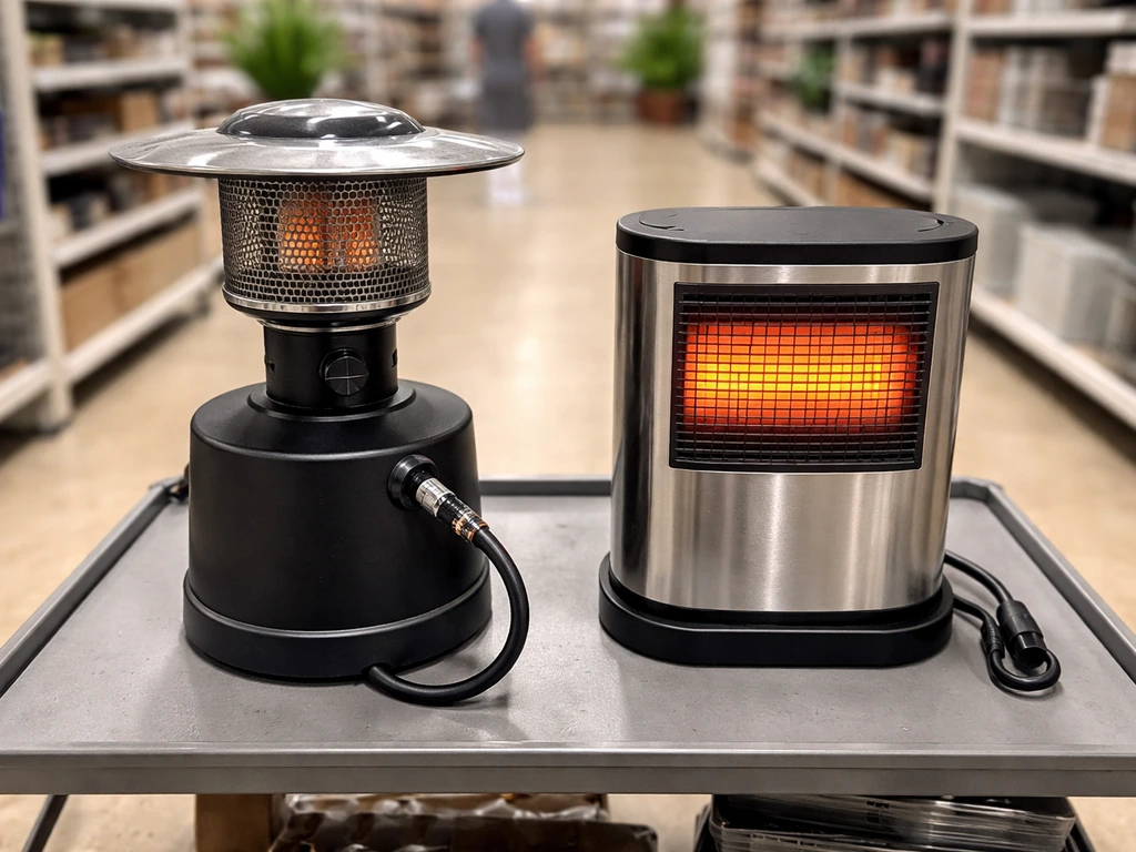 Two tabletop patio heaters side-by-side on a store display cart, propane with hose and electric infrared model.