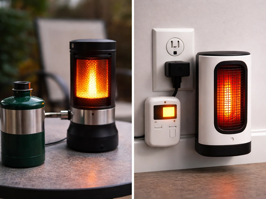 Split view of a small propane canister with flame glow and an electric infrared heater with a power meter glow.