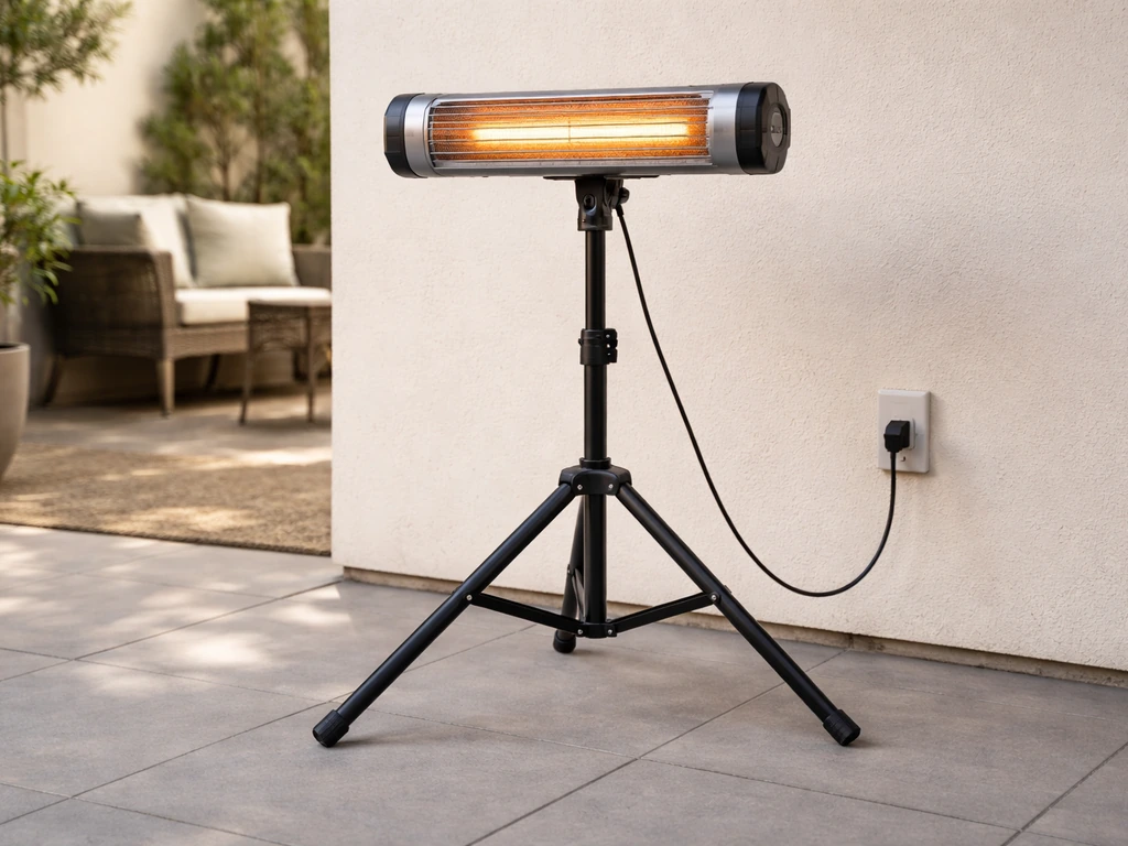 A Kenmore electric heater on a tripod aiming a visible heat cone toward outdoor seating with safe clearance space
