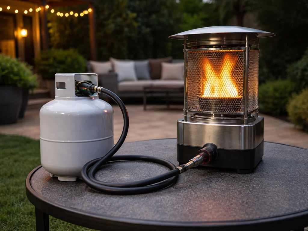 Generic propane patio heater igniting on a table, connected to a propane tank by a hose.