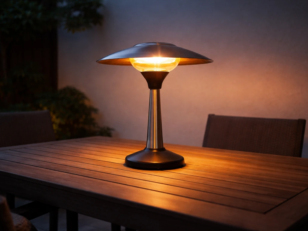 Tabletop patio heater on a patio table with warm light glow fading toward the cooler edges.