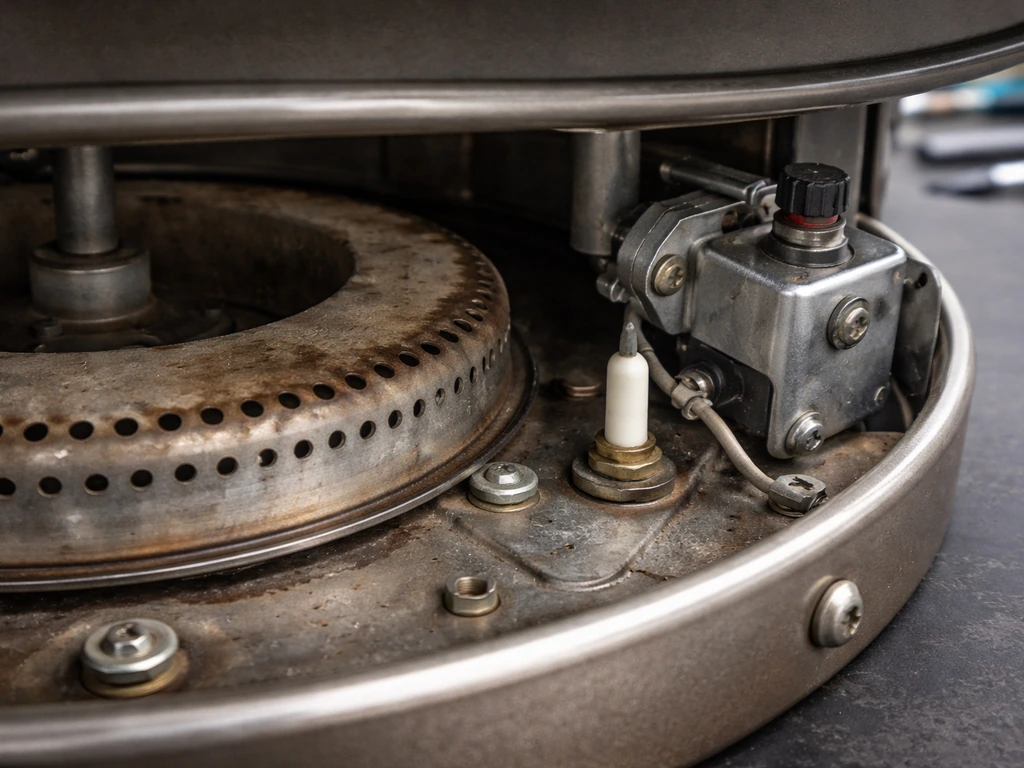 Close-up inspection of a used tabletop patio heater burner and safety mechanism with visible wear.