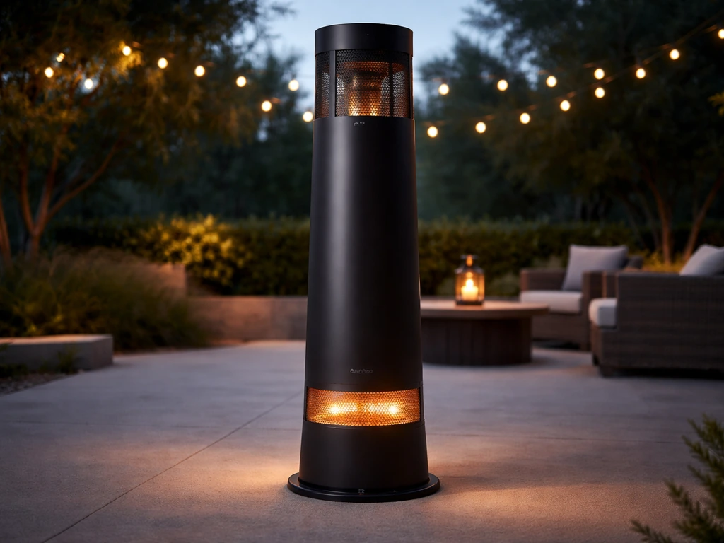 Solo Stove Tower patio heater standing on an outdoor patio with a warm glow at dusk.