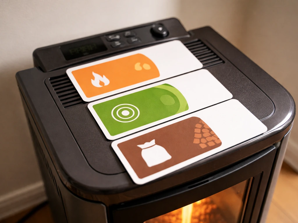 Close-up of a wood-pellet heater with simple icon-based spec cards stacked on top, no text.