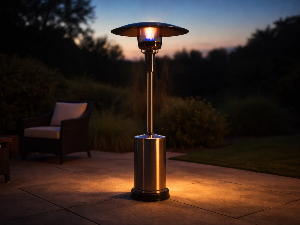 Outdoor patio heater lit at dusk with visible flame and warm glow on the ground.