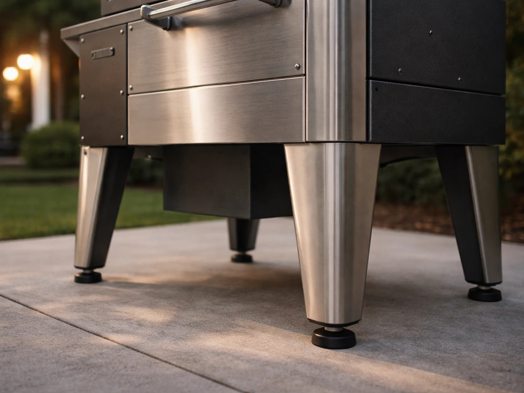 Close-up of a stainless steel pellet grill’s powder-coated body and heavy base footprint