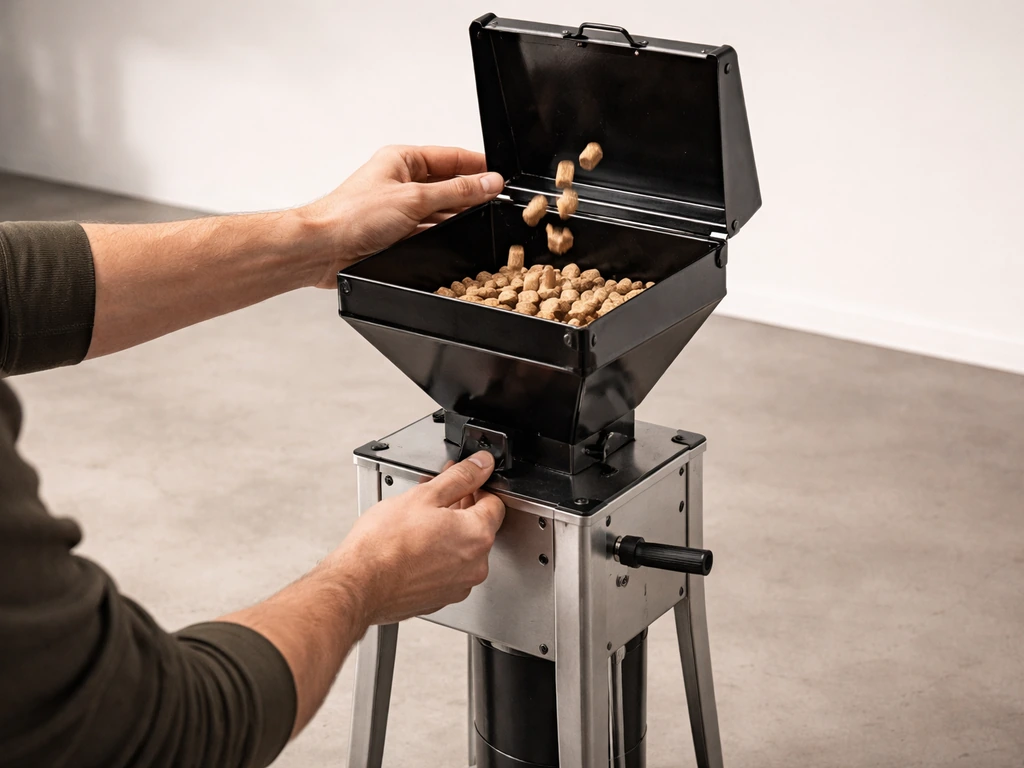 Hands loading a gravity-fed hopper on a metal tower, feed lever set around half-open.
