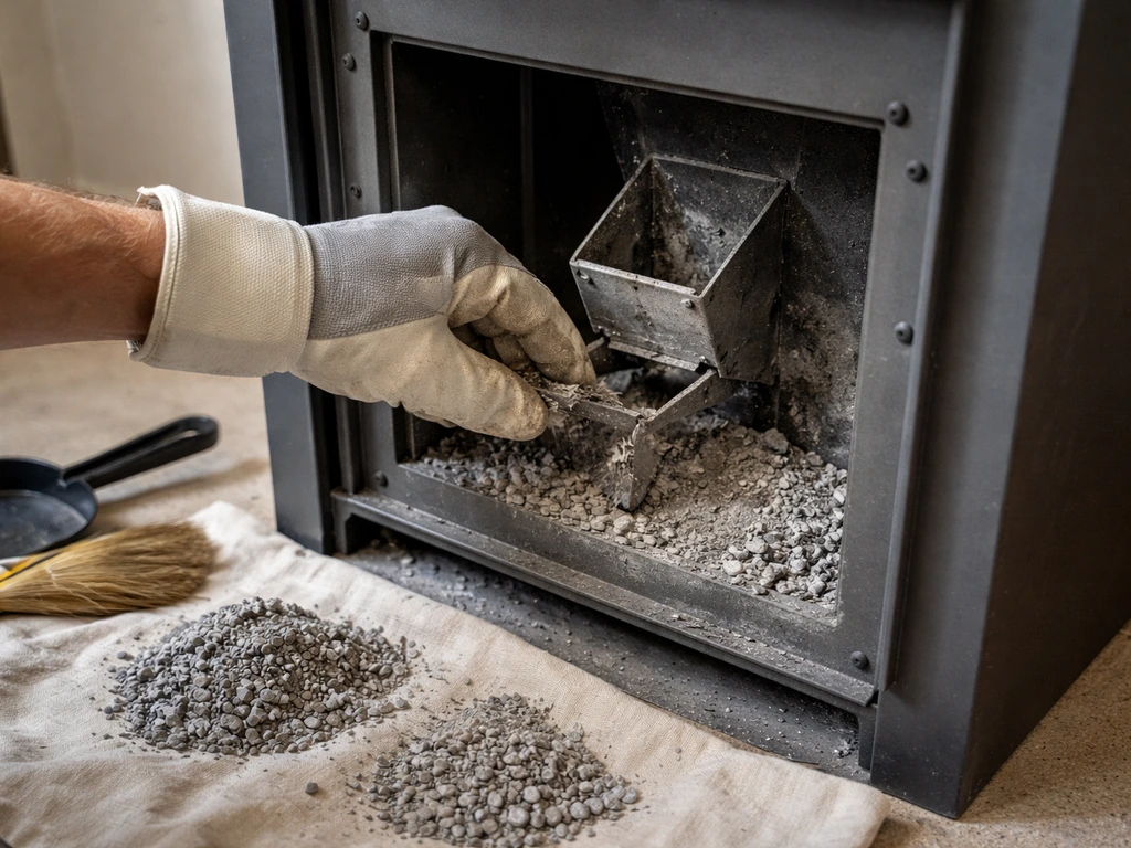 Gloved hands sweeping ash from a pellet heater’s hopper chute and metal pellet bracket area.