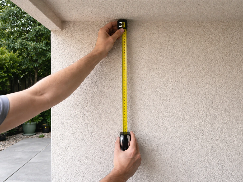 Measuring tape held against a patio ceiling/wall height for chimney placement on a non-combustible surface.