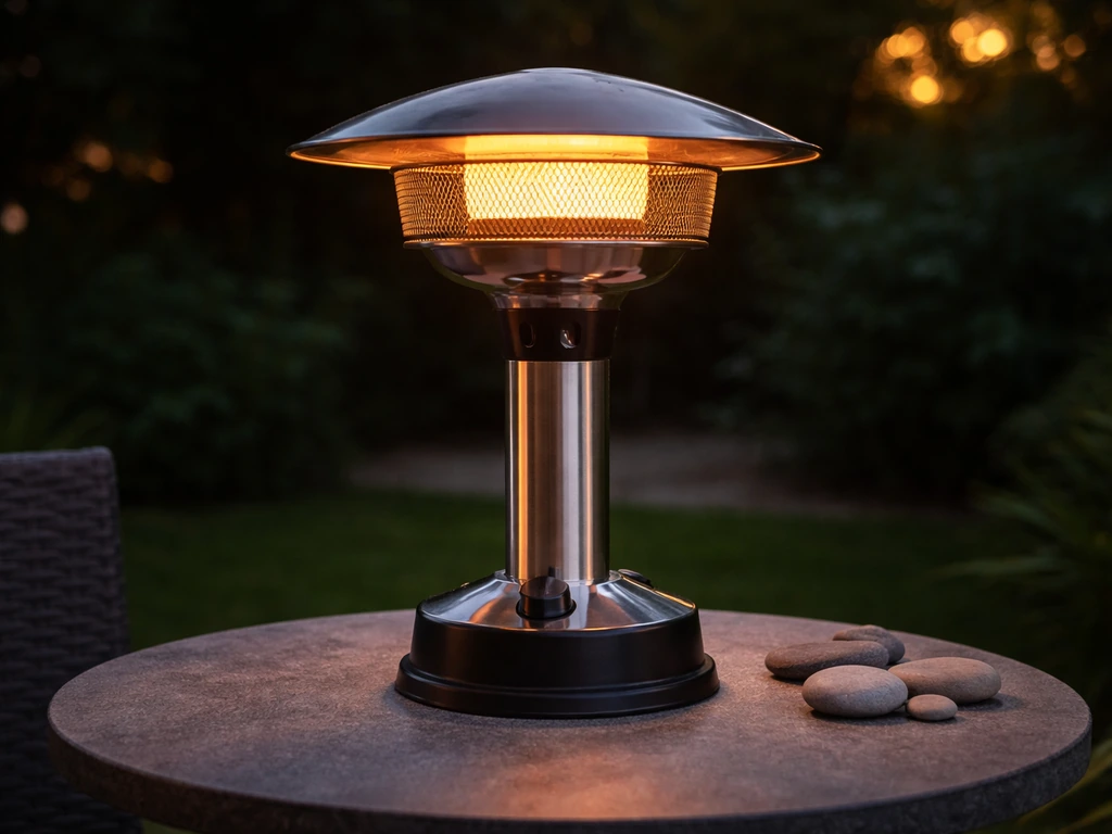 Warm-glowing 4kW tabletop patio heater on a small outdoor table at dusk, no people visible.
