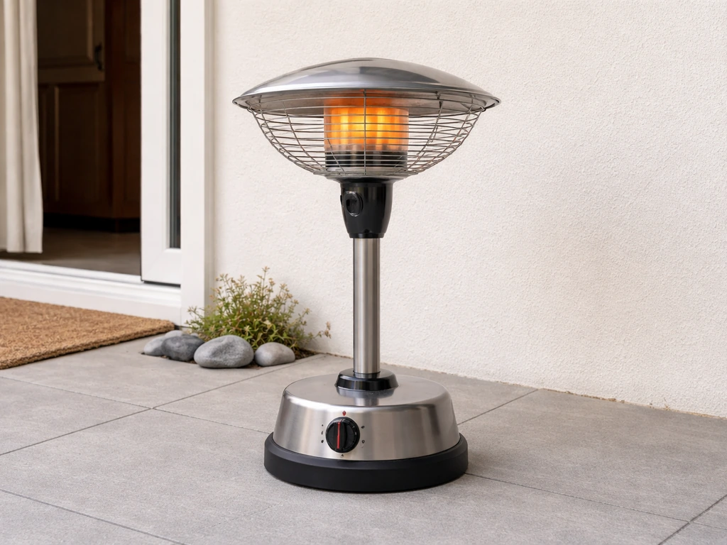 Compact tabletop gas radiant heater shown fully, emphasizing its small head and portable size.