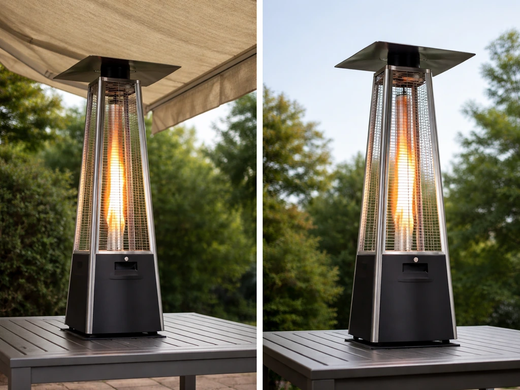 Outdoor gas flame heater on a stable tabletop with visible safe gap from an overhead fabric awning.