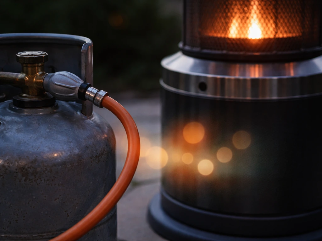 Propane canister with hose connected to a patio heater, subtle overlay-style hints of run time without text.