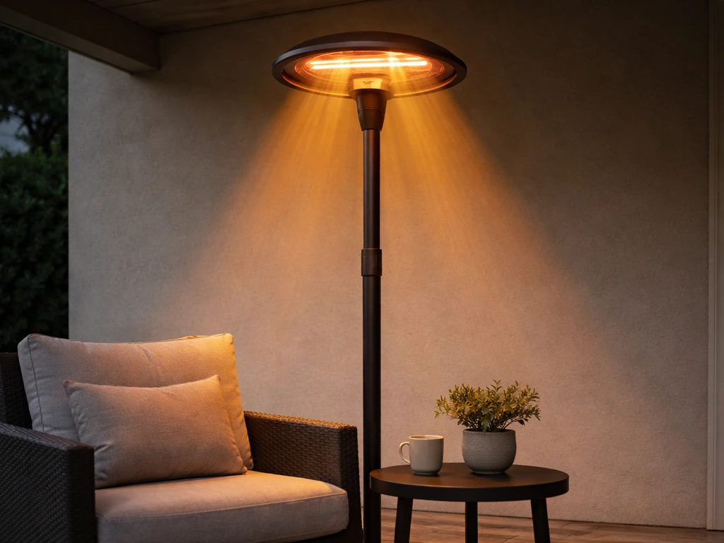 Electric infrared patio heater mounted on a patio, casting visible warm beam over outdoor seating.