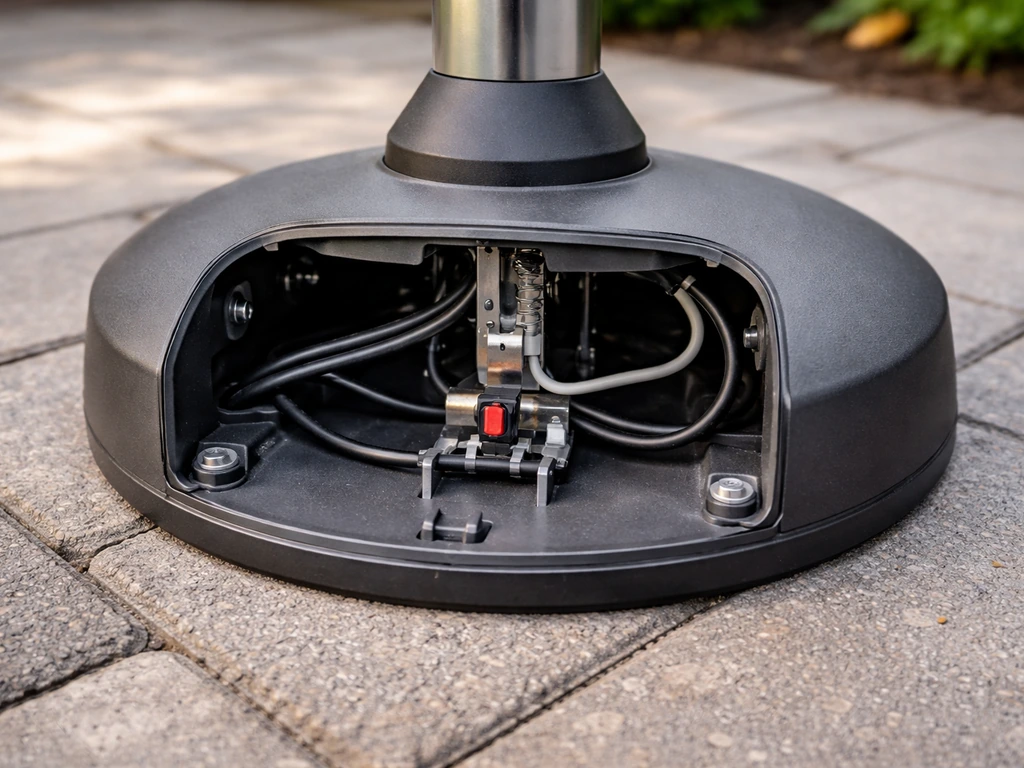 Close-up of a heater’s base showing a tip-over safety switch mechanism and cutoff linkage.