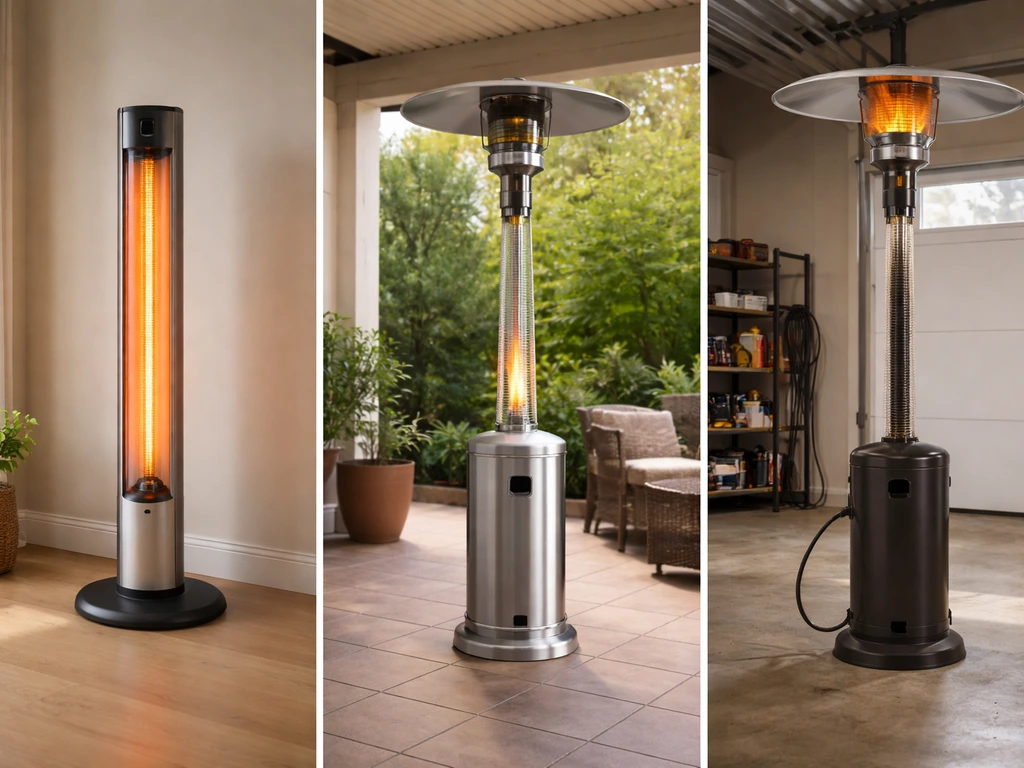 Three Fire Sense heaters shown in separate simple settings with visible warmth from their heating elements