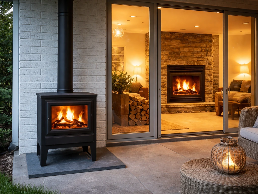 Split indoor/outdoor views of a wood-burning patio heater and a woodstove fireplace insert.