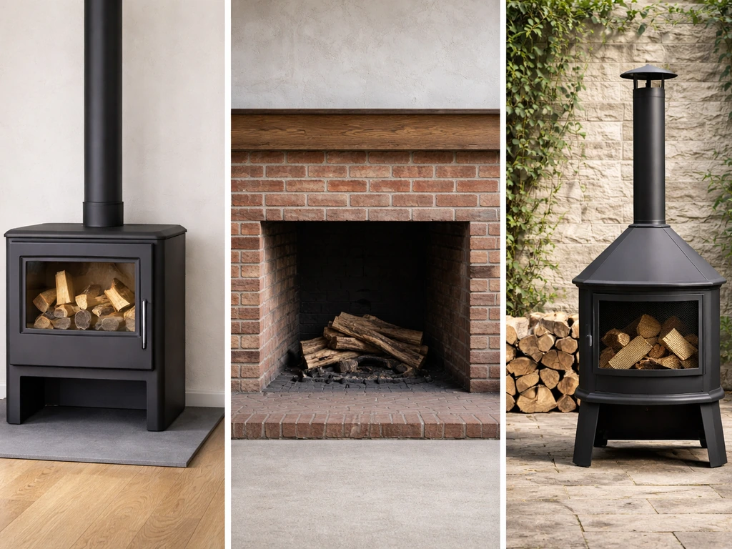 Side-by-side photo of a woodstove, an open wood fireplace, and an outdoor patio wood heater.
