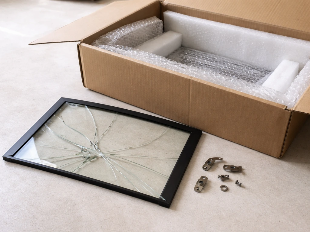Cracked stove glass and missing hardware shown beside intact packaging layers in an open shipping box.