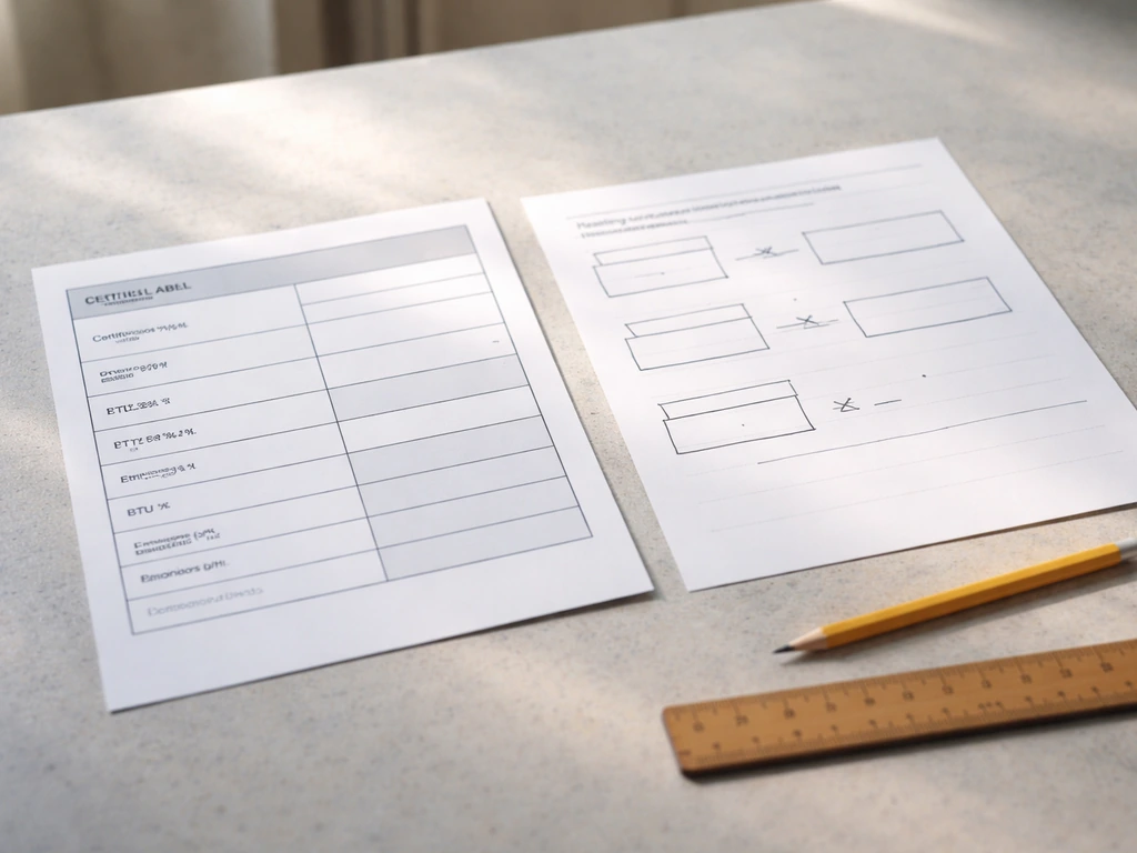 Close-up of woodstove efficiency and emissions labels beside a simple heating-area worksheet on a table