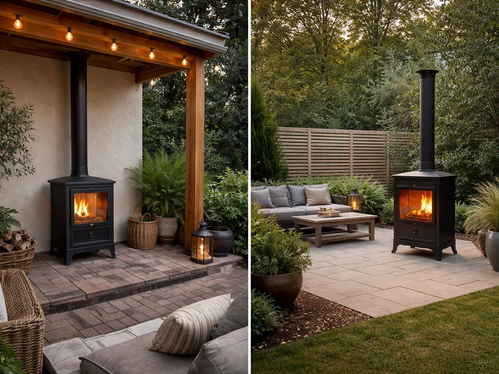 Minimal patio scene showing a compact covered area with a wood heater and a larger open patio with wind protection.