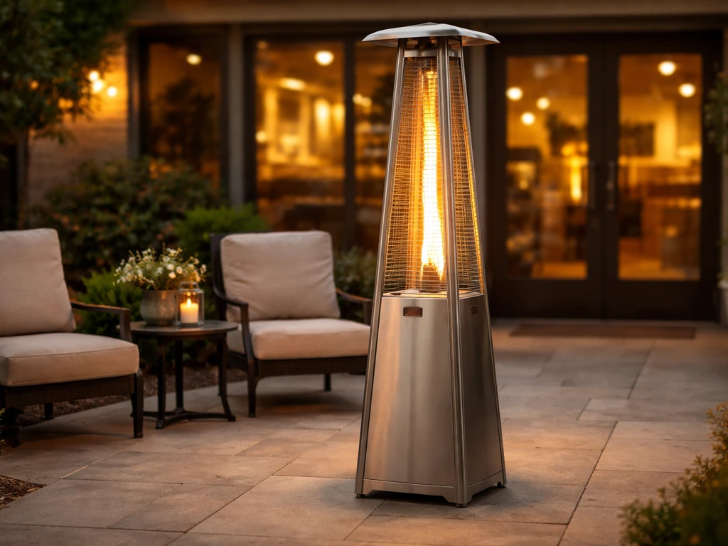 Warmly glowing propane tower patio heater beside outdoor seating on a bright patio.