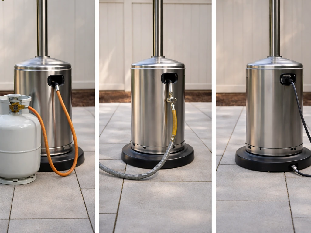 Minimal side-by-side patio setups showing propane tank, natural gas connection, and an electric infrared heater.
