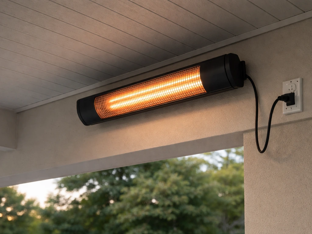 Wall-mounted electric infrared patio heater under a covered patio, glowing softly with cord plugged in.