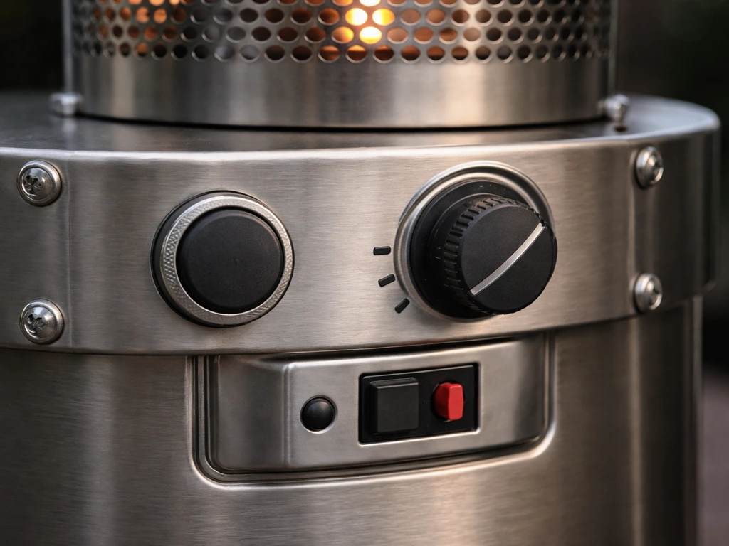 Close-up of patio heater ignition button and heat dial with visible auto shut-off/tip-over safety hardware.