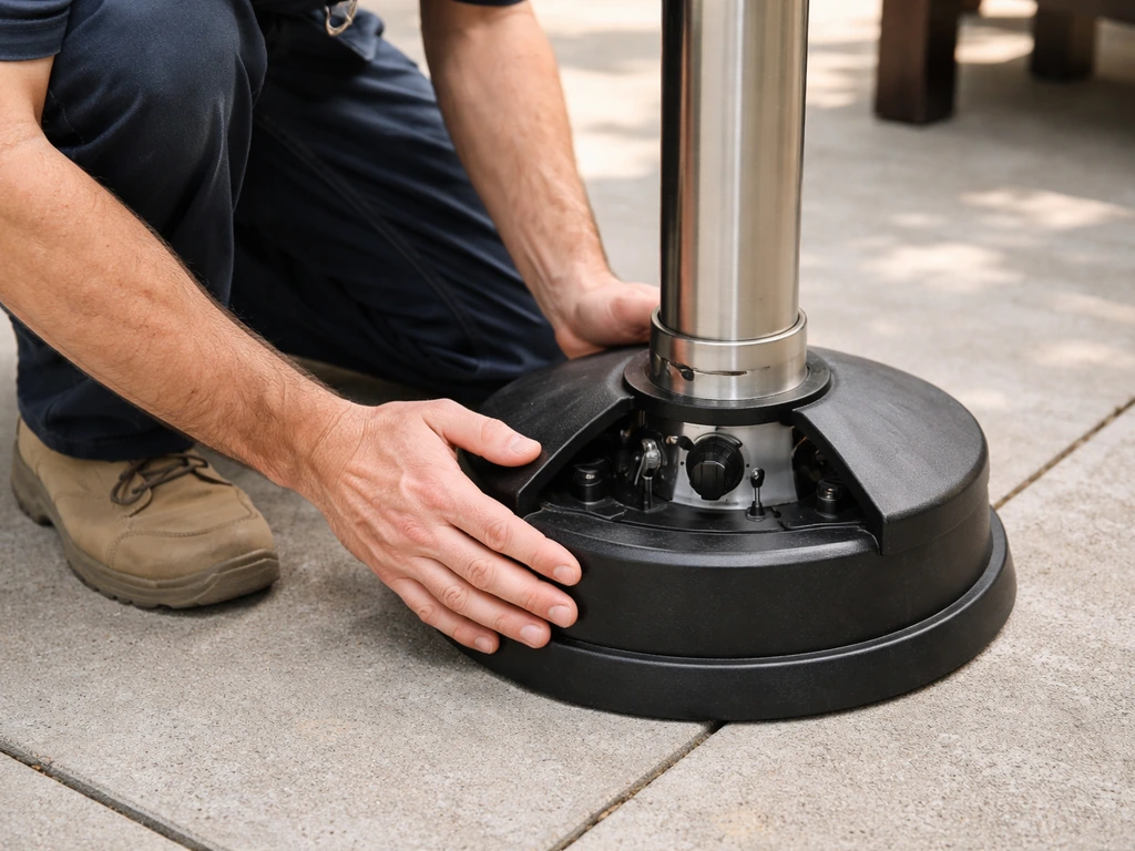 Technician carefully leveling an outdoor patio heater on a concrete patio, checking safe placement and connections.