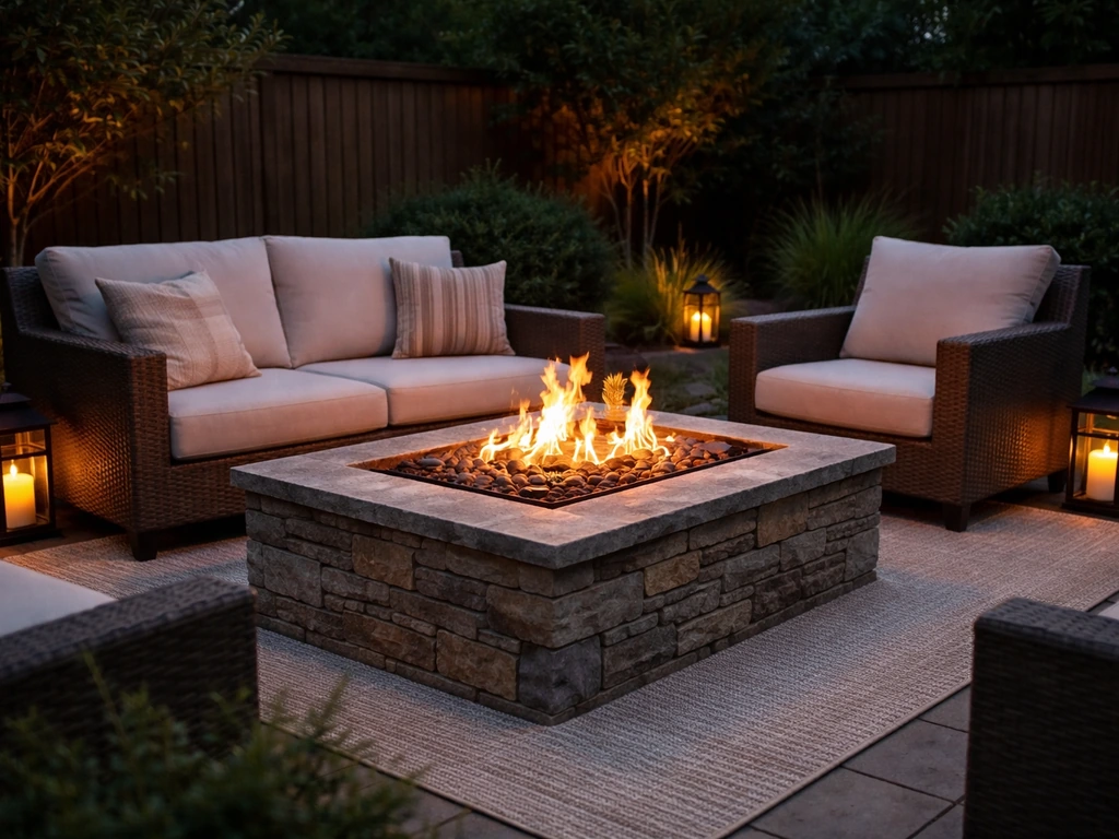 Cozy outdoor patio at dusk with a glowing fire pit as the main heat source and comfortable seating around it.