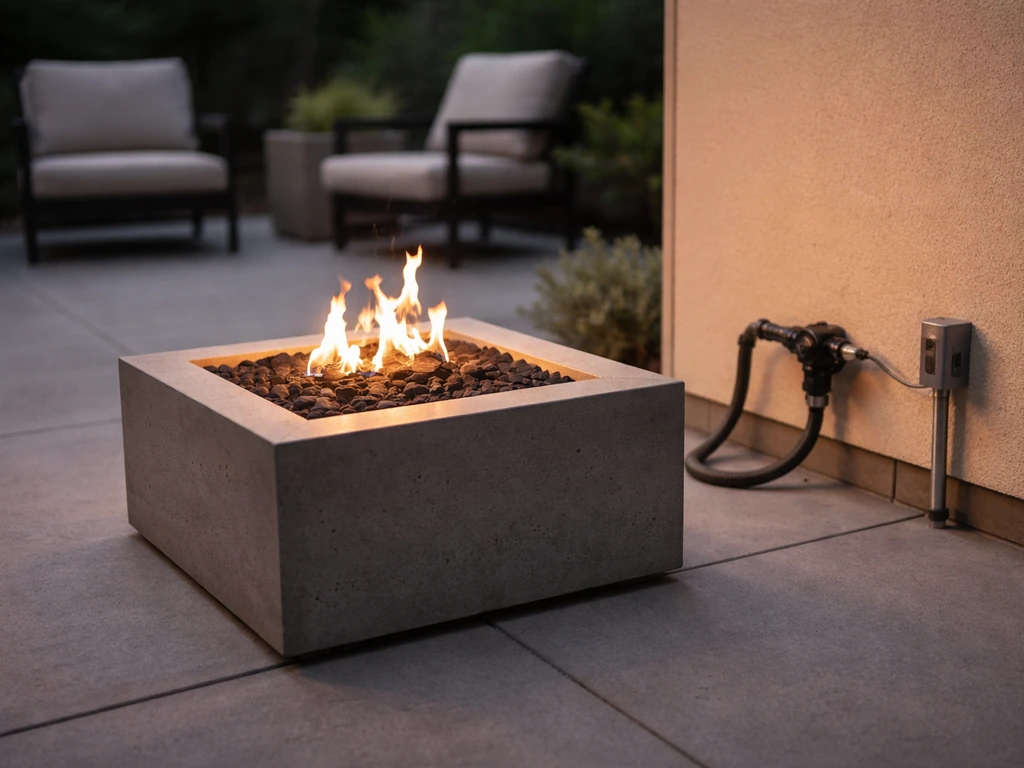 Minimal patio scene showing a gas fire pit with a visible natural-gas valve and short gas line connection.